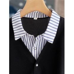 春秋款氣質假兩件長袖襯衫POLO領條紋拼接休閒百搭上衣300斤大碼