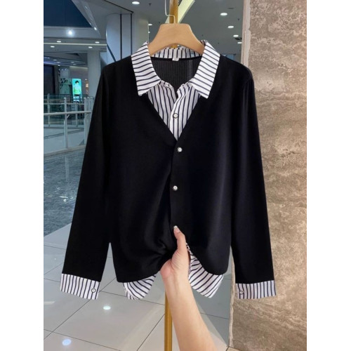 春秋款氣質假兩件長袖襯衫POLO領條紋拼接休閒百搭上衣300斤大碼