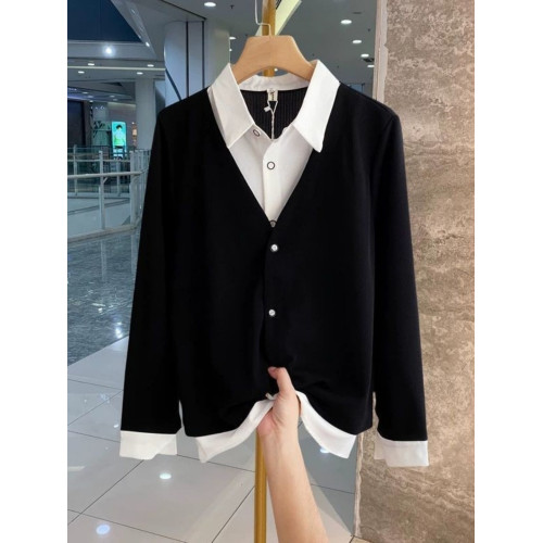 春秋款氣質假兩件長袖襯衫POLO領條紋拼接休閒百搭上衣300斤大碼