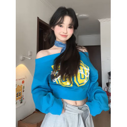 美式辣妹斜肩衛衣女春季字母印花修身顯瘦多巴胺藍色露肩長袖上衣