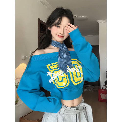 美式辣妹斜肩衛衣女春季字母印花修身顯瘦多巴胺藍色露肩長袖上衣
