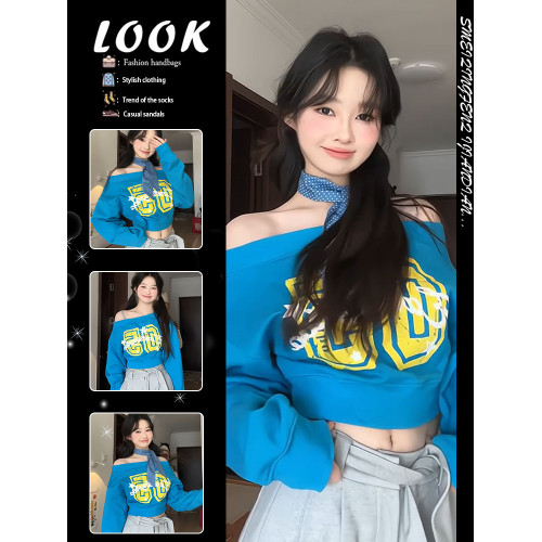 美式辣妹斜肩衛衣女春季字母印花修身顯瘦多巴胺藍色露肩長袖上衣