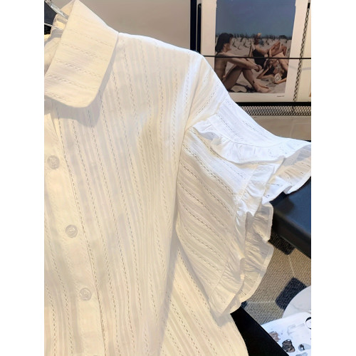 專櫃撤廻剪標法式polo領荷葉邊短袖雪紡衫女夏季新款時髦洋氣襯衣