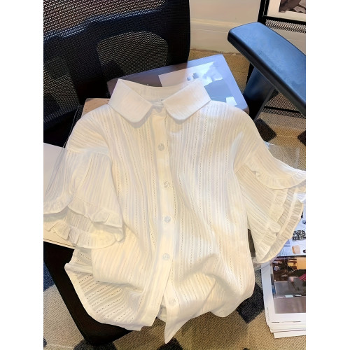 專櫃撤廻剪標法式polo領荷葉邊短袖雪紡衫女夏季新款時髦洋氣襯衣