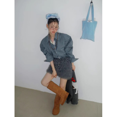 韓國chic秋季新款小衆復古撞色拼接假兩件木耳花邊長袖格子襯衫女
