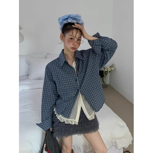 韓國chic秋季新款小衆復古撞色拼接假兩件木耳花邊長袖格子襯衫女