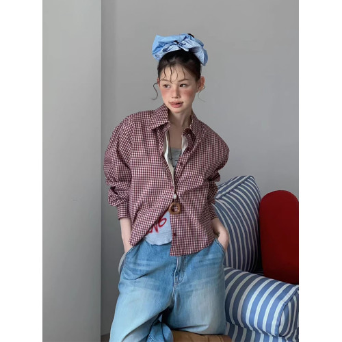 韓國chic秋季新款小衆復古撞色拼接假兩件木耳花邊長袖格子襯衫女
