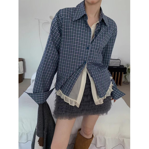 韓國chic秋季新款小衆復古撞色拼接假兩件木耳花邊長袖格子襯衫女
