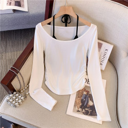 專櫃撤廻剪標甜辣妹掛脖長袖T恤女2025新款假兩件帶胸墊收腰上衣