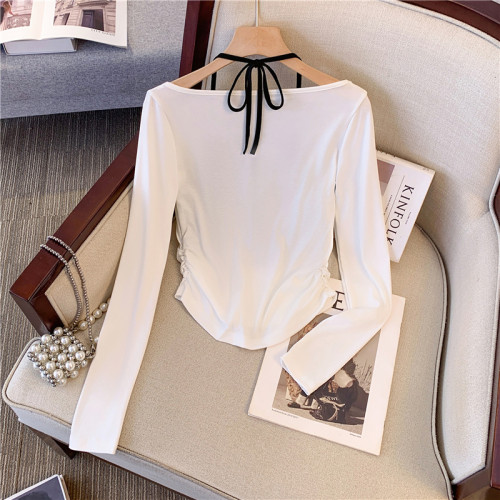 專櫃撤廻剪標甜辣妹掛脖長袖T恤女2025新款假兩件帶胸墊收腰上衣