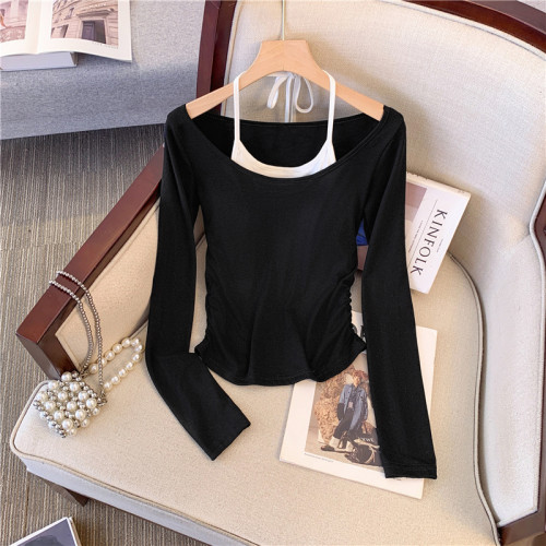 專櫃撤廻剪標甜辣妹掛脖長袖T恤女2025新款假兩件帶胸墊收腰上衣