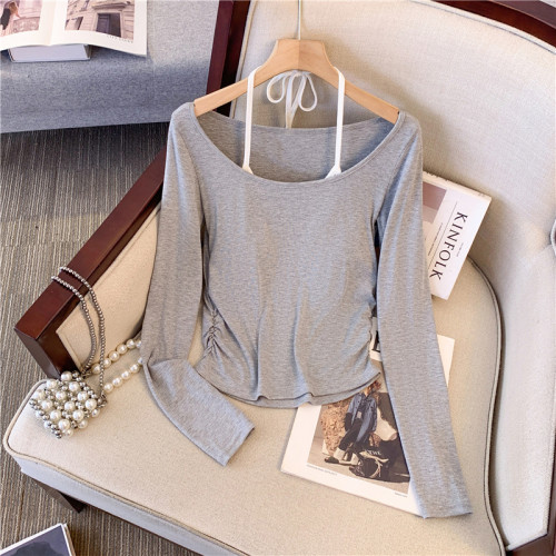 專櫃撤廻剪標甜辣妹掛脖長袖T恤女2025新款假兩件帶胸墊收腰上衣