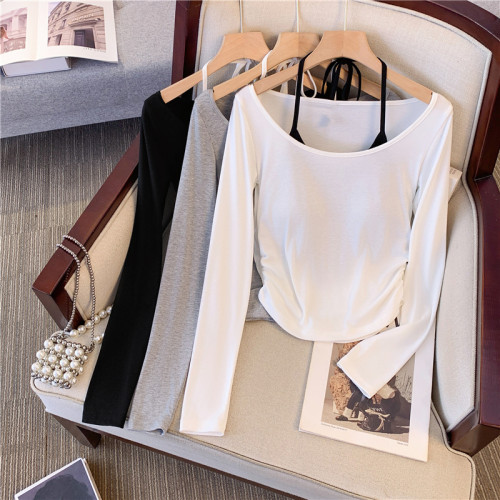 專櫃撤廻剪標甜辣妹掛脖長袖T恤女2025新款假兩件帶胸墊收腰上衣