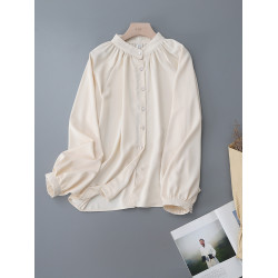 復古法式杏色立領燈籠袖緞面襯衫女2025春秋新款垂墜感小衆上衣