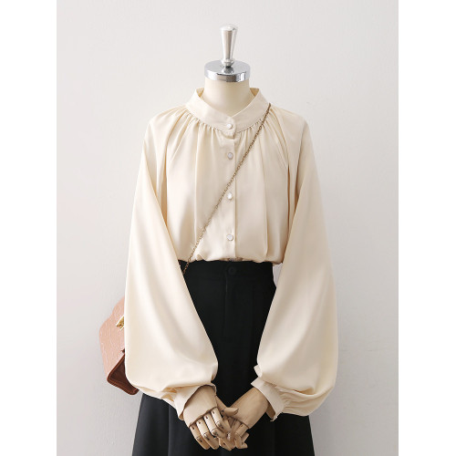 復古法式杏色立領燈籠袖緞面襯衫女2025春秋新款垂墜感小衆上衣