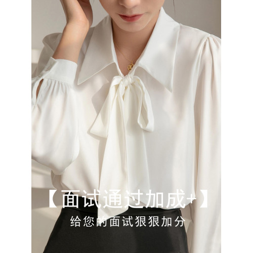 雪紡蝴蝶結襯衫女輕職場高級感長袖職業正裝面試白色襯衣上衣通勤