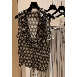 王炸了 特別好穿，法式氣質絕美減齡印花荷葉邊V領無袖襯衫上衣女