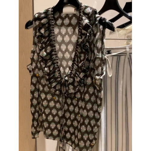 王炸了 特別好穿，法式氣質絕美減齡印花荷葉邊V領無袖襯衫上衣女