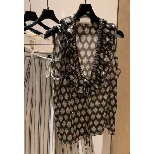 王炸了 特別好穿，法式氣質絕美減齡印花荷葉邊V領無袖襯衫上衣女