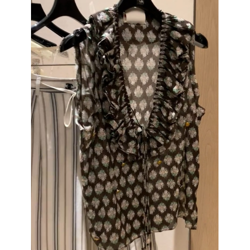 王炸了 特別好穿，法式氣質絕美減齡印花荷葉邊V領無袖襯衫上衣女