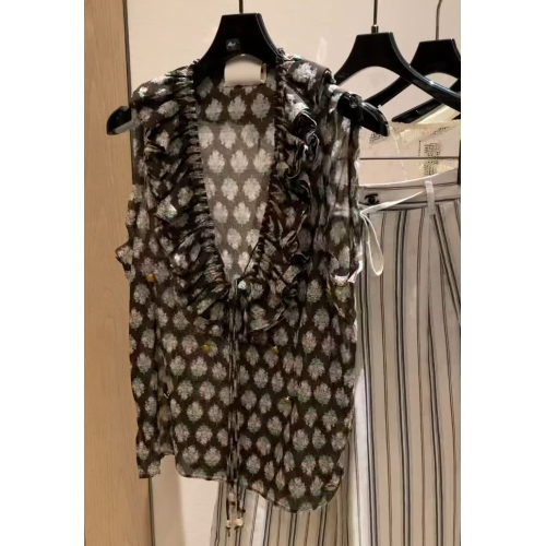 王炸了 特別好穿，法式氣質絕美減齡印花荷葉邊V領無袖襯衫上衣女