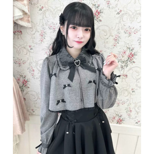 日系量産型新款可愛甜美短鬥篷披肩小領結育克娃娃領拼接1615襯衫