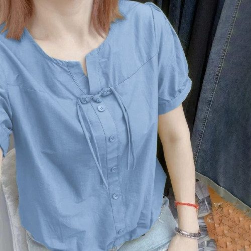 夏季新款純棉短袖襯衣薄款短款風盤釦襯衫洋氣寬鬆顯瘦上衣女