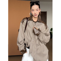 CIZZLEMORE【自由循跡】設計款美拉德撞色拼皮千鳥格領帶式襯衫