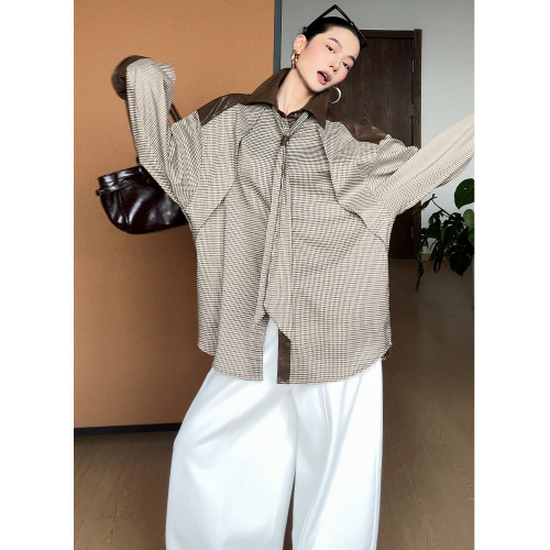 CIZZLEMORE【自由循跡】設計款美拉德撞色拼皮千鳥格領帶式襯衫