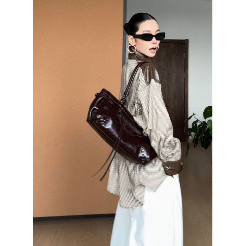 CIZZLEMORE【自由循跡】設計款美拉德撞色拼皮千鳥格領帶式襯衫