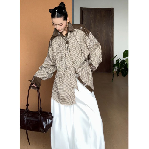 CIZZLEMORE【自由循跡】設計款美拉德撞色拼皮千鳥格領帶式襯衫