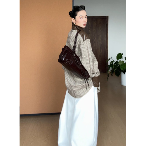 CIZZLEMORE【自由循跡】設計款美拉德撞色拼皮千鳥格領帶式襯衫