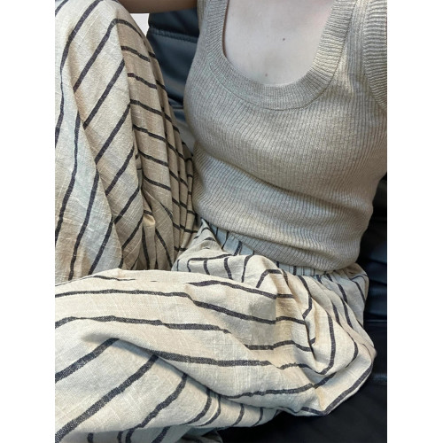 日系棉麻條紋褲女夏季山本褲慵懶休閒松弛感褲子涼涼褲亞麻濶腿褲