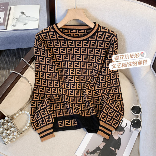 撿漏歐貨撞色提花長袖針織衫女生秋冬內搭圓領輕奢高級感打底毛衣