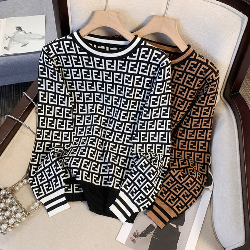 撿漏歐貨撞色提花長袖針織衫女生秋冬內搭圓領輕奢高級感打底毛衣