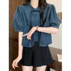 新中式復古短袖牛仔襯衫女夏裝大碼微胖mm顯瘦設計感國風盤釦上衣
