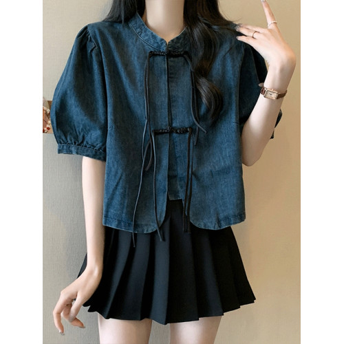 新中式復古短袖牛仔襯衫女夏裝大碼微胖mm顯瘦設計感國風盤釦上衣