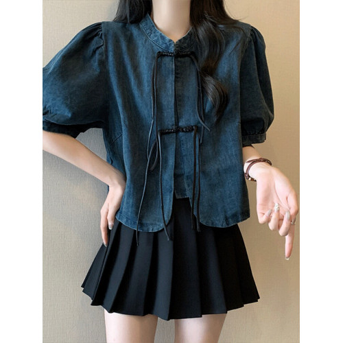 新中式復古短袖牛仔襯衫女夏裝大碼微胖mm顯瘦設計感國風盤釦上衣