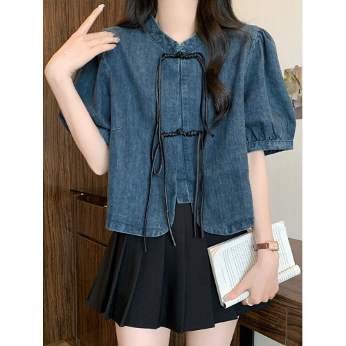 新中式復古短袖牛仔襯衫女夏裝大碼微胖mm顯瘦設計感國風盤釦上衣