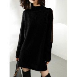 歐貨半高領毛衣連衣裙女25秋冬加厚寬鬆拼色針織打底衫外穿上衣