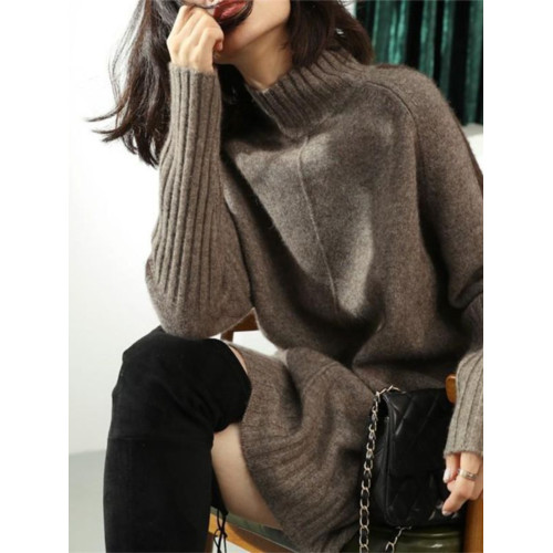 歐貨半高領毛衣連衣裙女25秋冬加厚寬鬆拼色針織打底衫外穿上衣