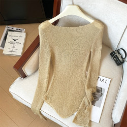 專櫃撤廻剪標鏤空一字領薄款防曬上衣女早春季辣妹修身獨特針織衫