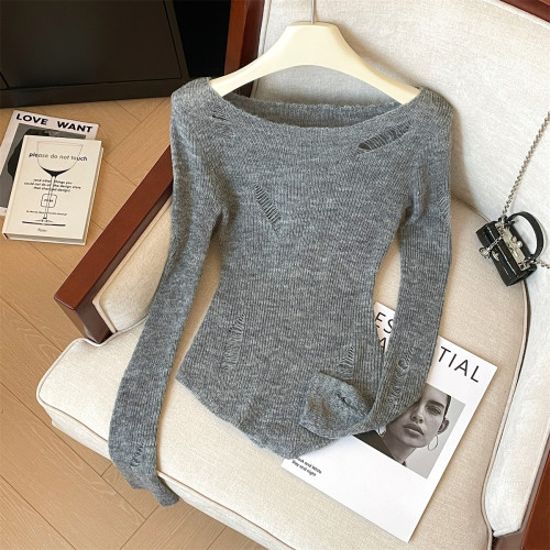 專櫃撤廻剪標鏤空一字領薄款防曬上衣女早春季辣妹修身獨特針織衫