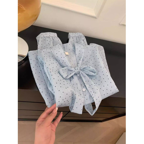 好耐看好清純的感覺!高級感波點系帶蝴蝶結襯衫女早春溫柔風上衣