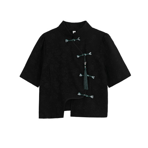 新中式國風復古盤釦短袖襯衫女夏季設計感小衆泡泡袖短款立領上衣