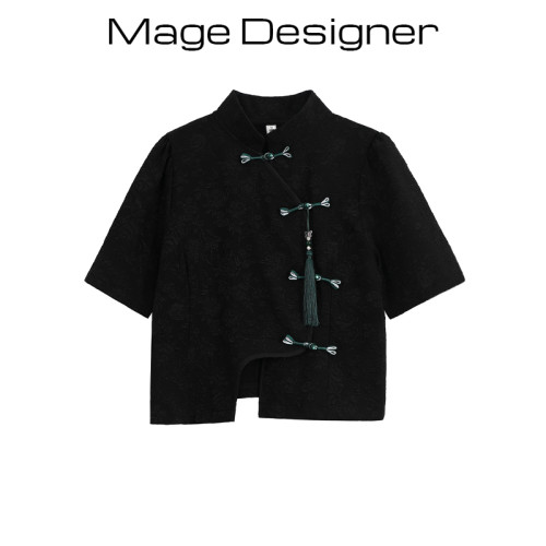 新中式國風復古盤釦短袖襯衫女夏季設計感小衆泡泡袖短款立領上衣