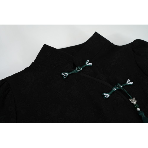 新中式國風復古盤釦短袖襯衫女夏季設計感小衆泡泡袖短款立領上衣