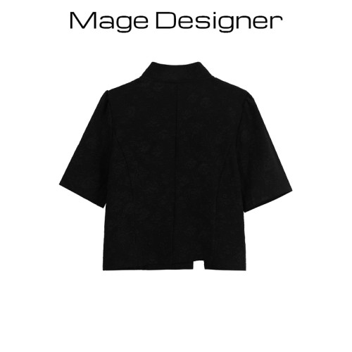 新中式國風復古盤釦短袖襯衫女夏季設計感小衆泡泡袖短款立領上衣