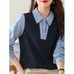 九月陌墨假兩件撞色條紋長袖襯衫拼接針織上衣女襯衣2024春秋新款