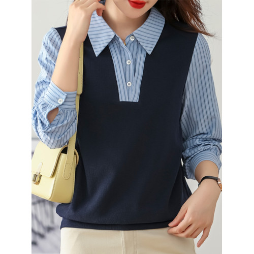 九月陌墨假兩件撞色條紋長袖襯衫拼接針織上衣女襯衣2024春秋新款